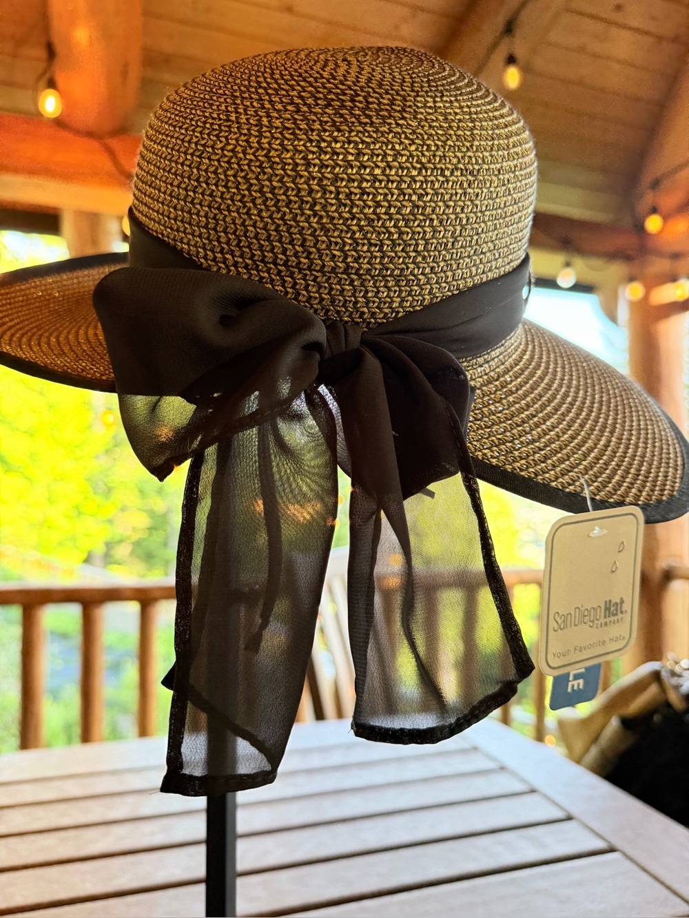 San Diego Hat Company Tan Sun Hat with Black Bow, Adjustable - Picture 6 of 8